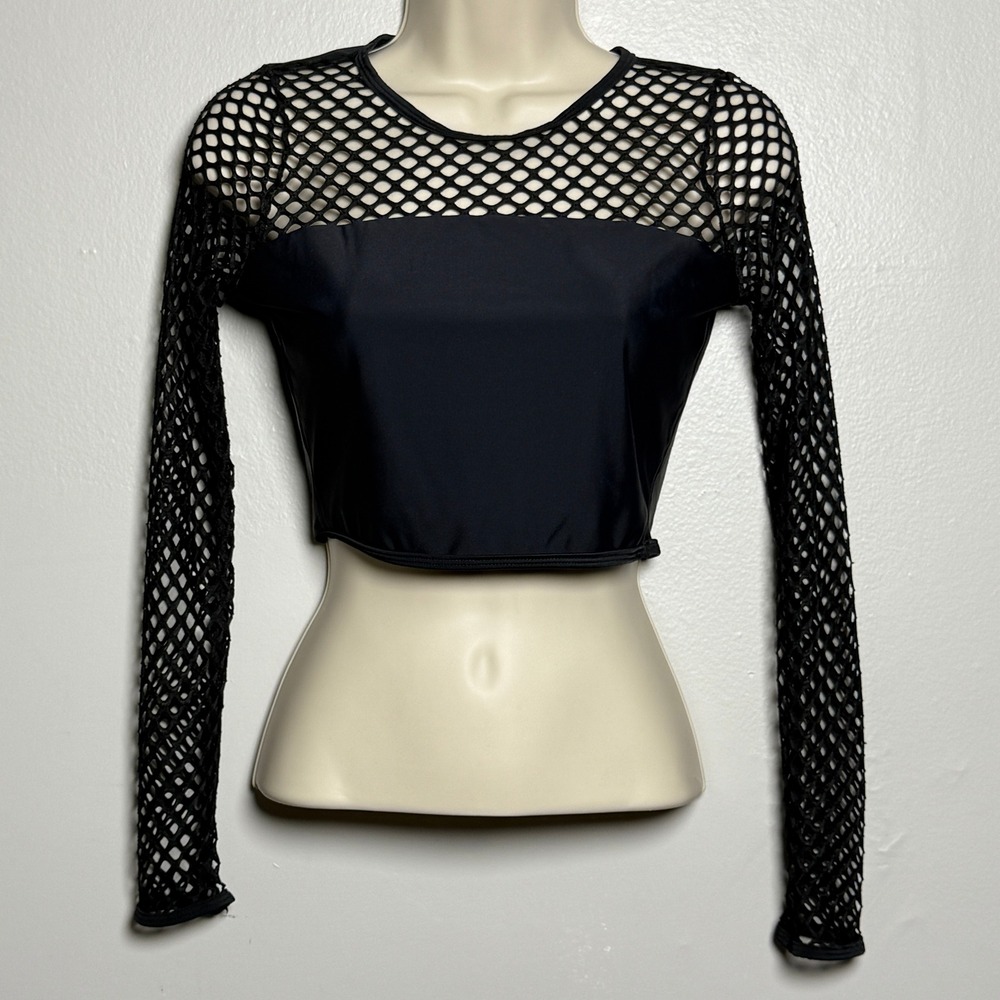 Piha‎ Swimwear Womens Mesh Crop Top 6 Black Swim Top Stretch Smooth